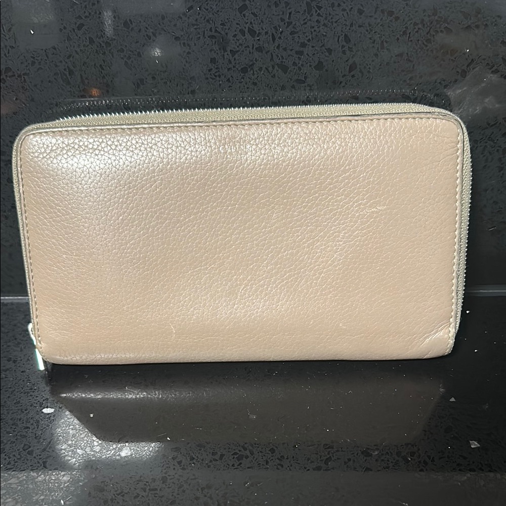 Celine Zip Around Long Calfskin Beige Leather w Red Interior Zippy Wallet